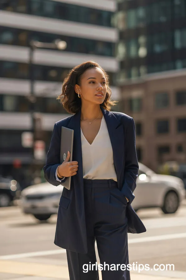 Navy Blazer and Trouser Suit with a White Blouse