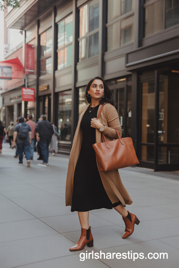 Black Midi Dress with Camel Cardigan