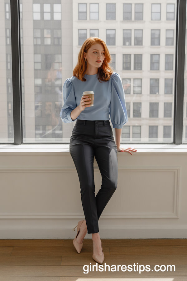 Powder Blue Sleeve Blouse with Black Skinny Pants