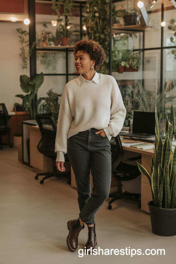 Chunky Ivory Sweater over Button-Down and Dark Jeans