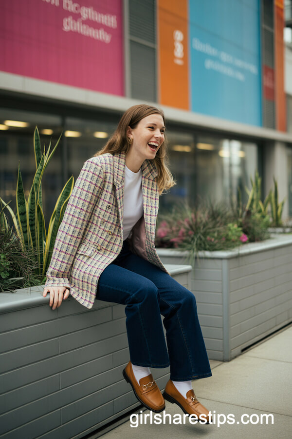 Plaid Tweed Blazer with White Tee and Dark Jeans