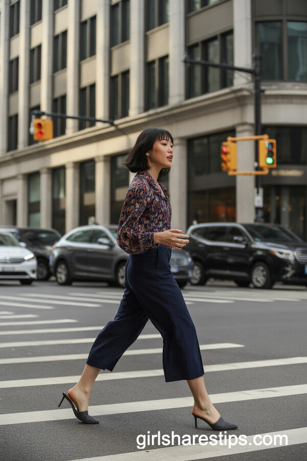 Navy Culottes and Bold Patterned Blouse