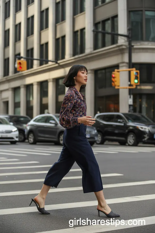 Navy Culottes and Bold Patterned Blouse