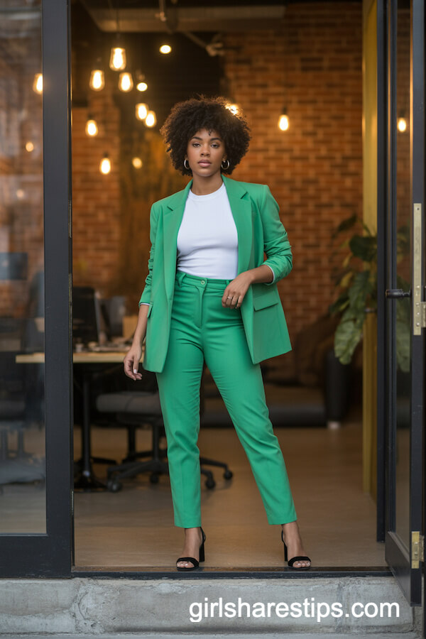 Emerald Green Suit with White Crewneck