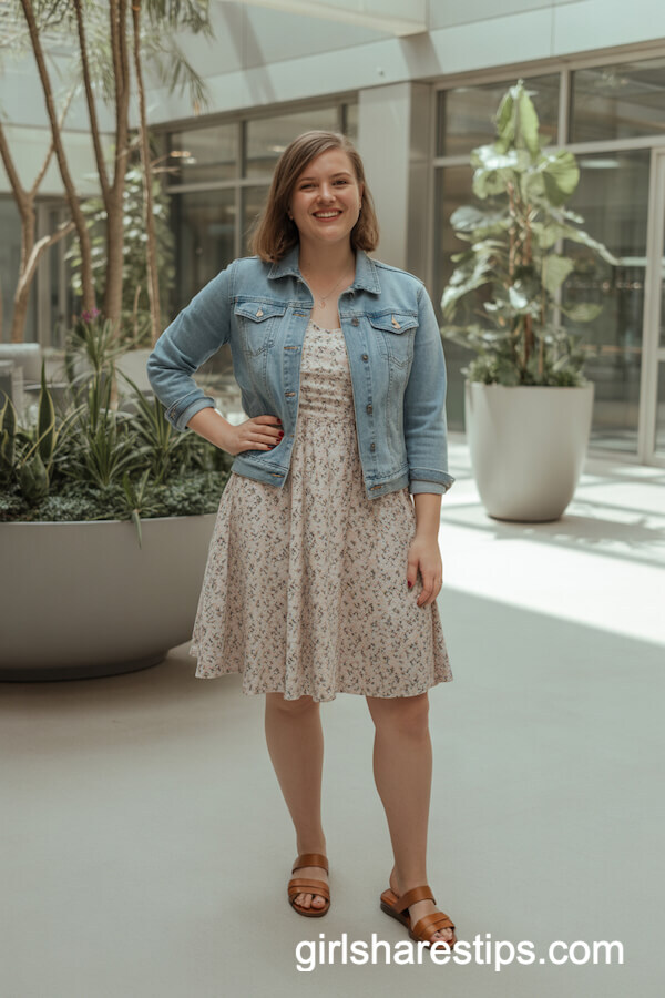 Floral Work Dress Layered with Light Denim Jacket