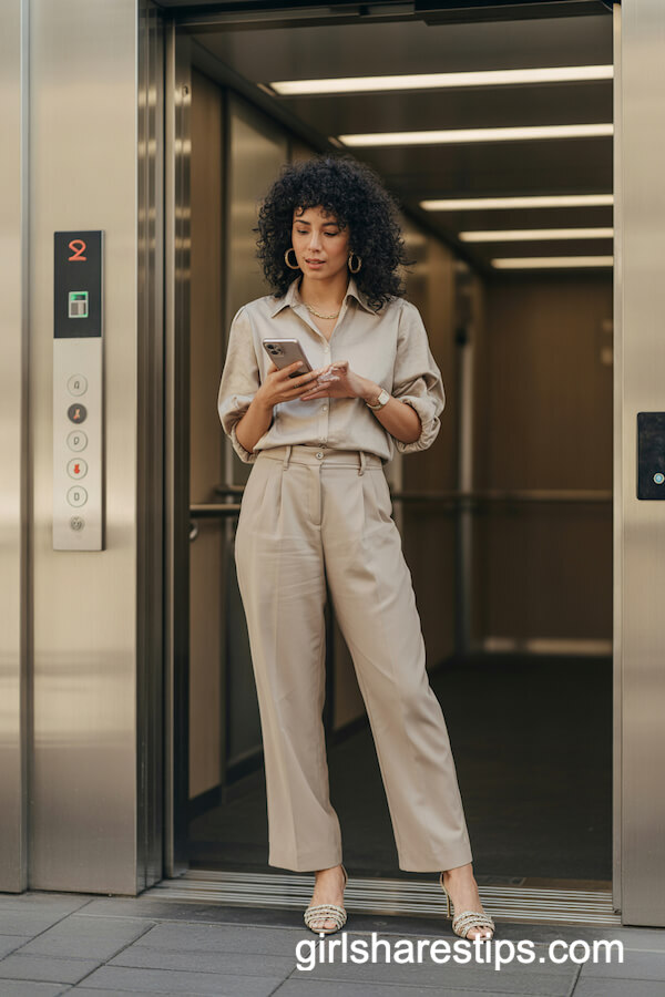 Beige Blouse with Matching Tailored Trousers