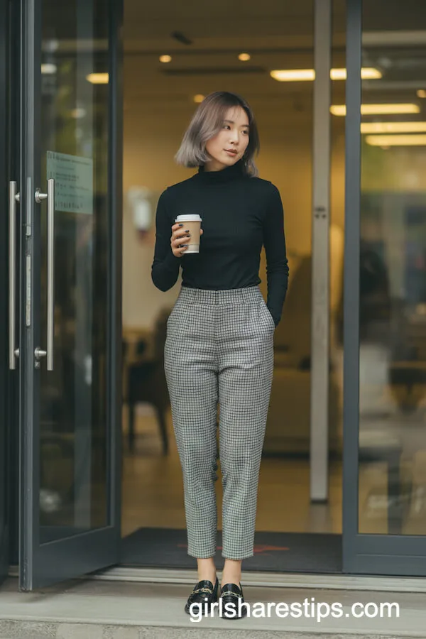 Black Turtleneck with Plaid Pants and Loafers