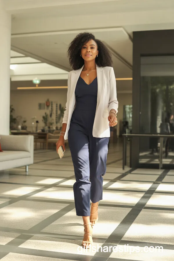 Fitted Navy Jumpsuit with Off-White Blazer