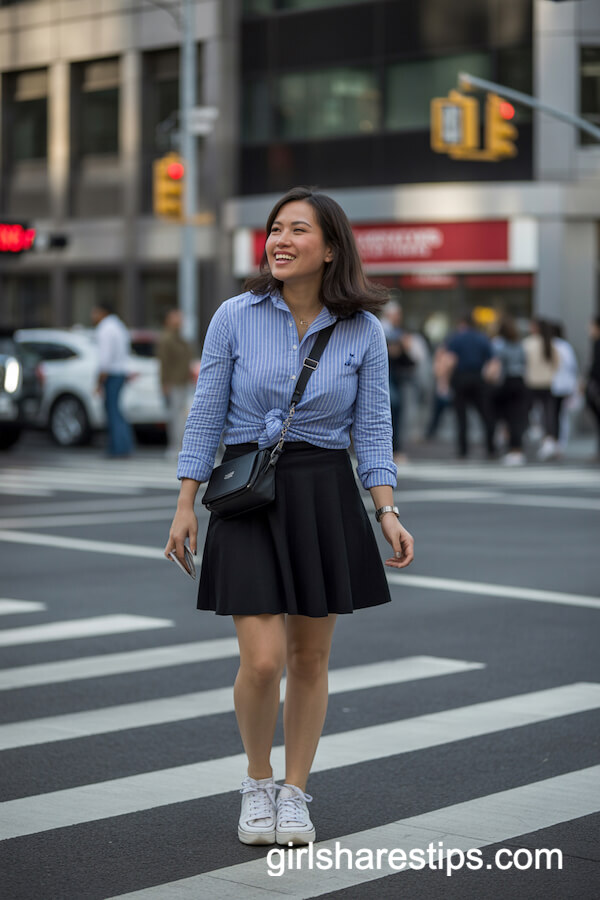 Blue-and-White Striped Shirt with Black A-Line Skirt and Sneakers