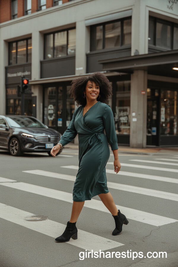 Forest Green Wrap Dress with Black Ankle Boots