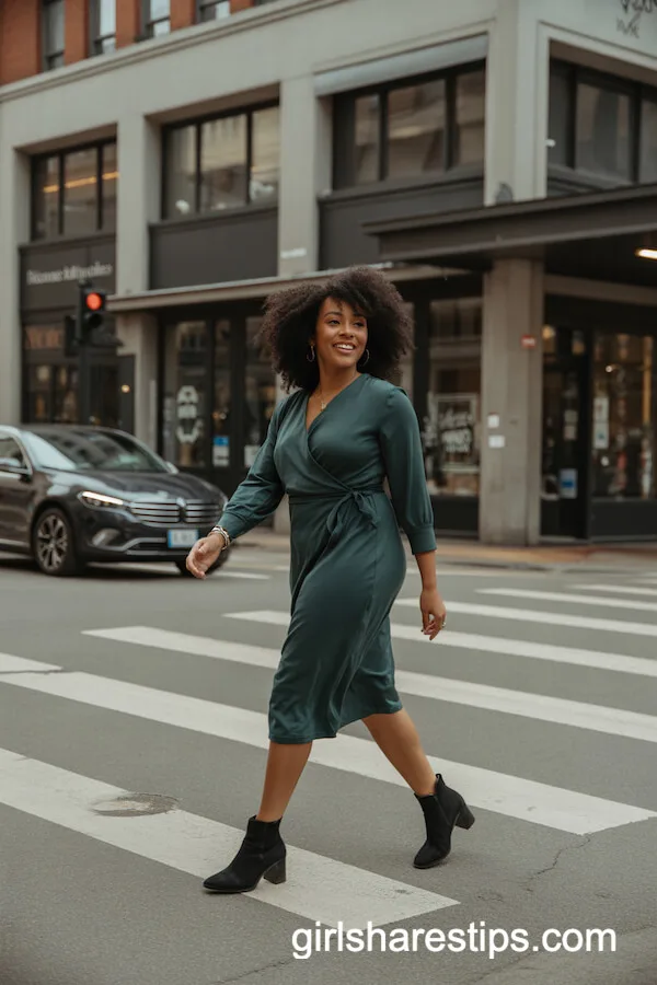 Forest Green Wrap Dress with Black Ankle Boots