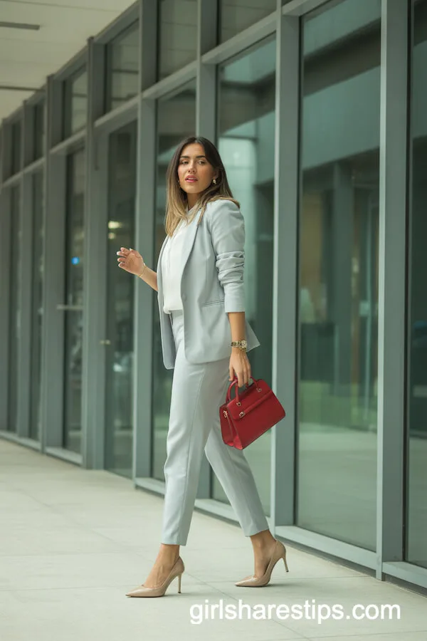 Light Grey Pantsuit with a Red Statement Handbag