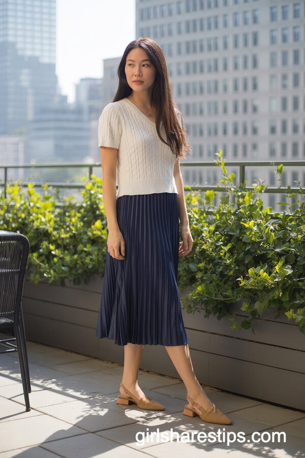 Pleated Navy Midi Skirt Cream Knit Top