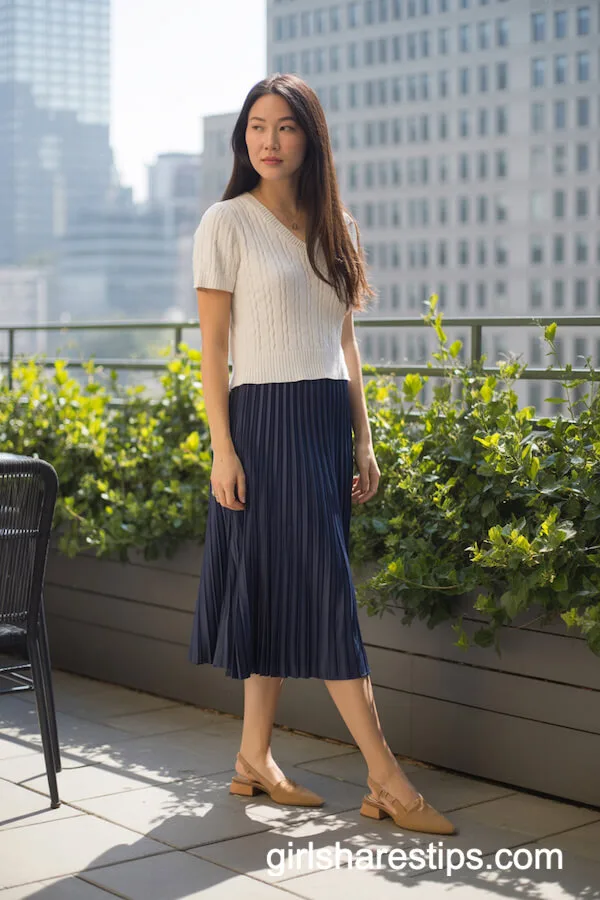Pleated Navy Midi Skirt Cream Knit Top