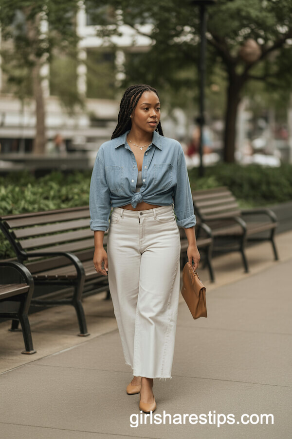 Chambray Shirt with High-Rise White Jeans