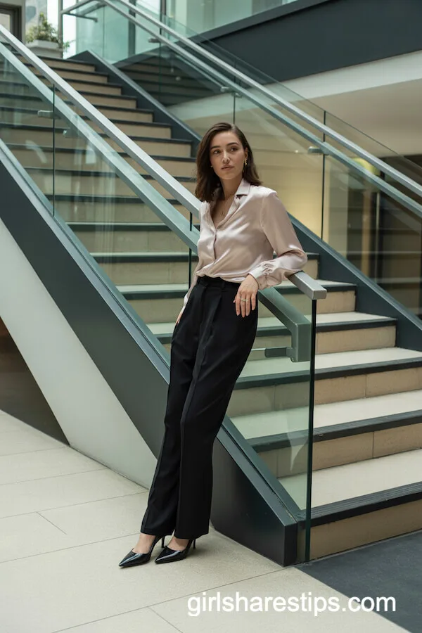 Blush Pink Silk Blouse with Black Wide-Leg Trousers