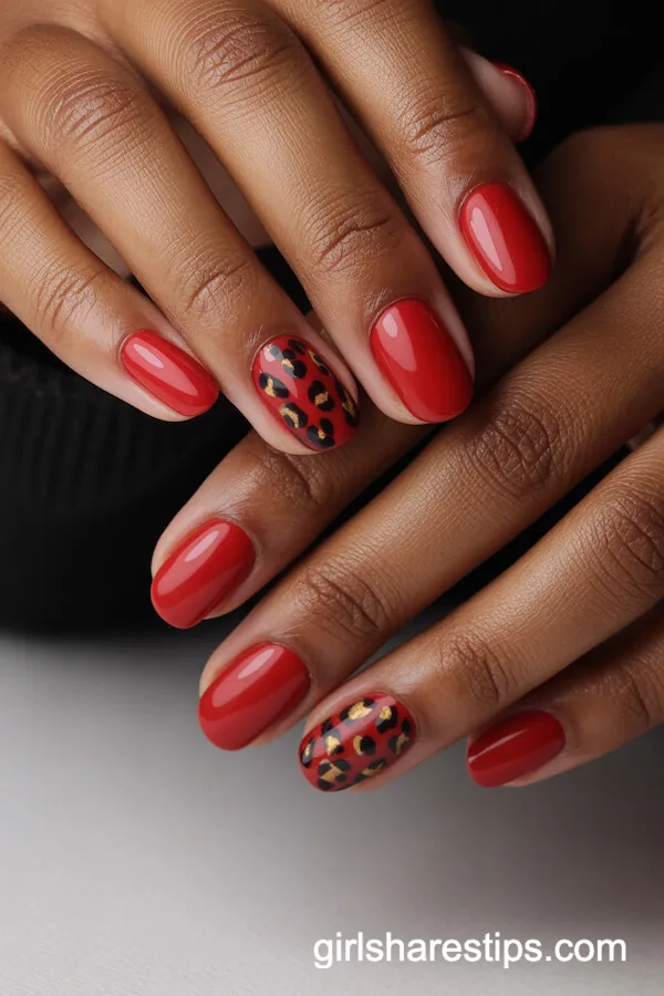 Red Leopard Print Accent Round Nails
