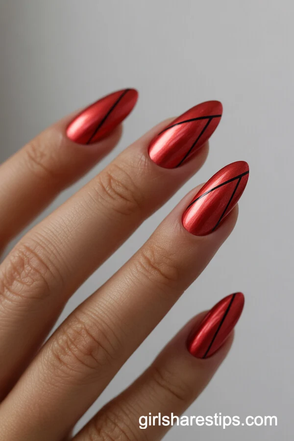 Metallic Red Chrome Almond Nails with Geometric Lines