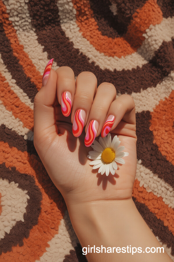 Red and Pink Retro Swirl Oval Nails