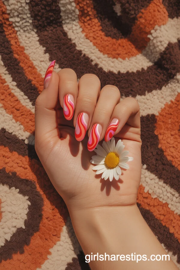 Red and Pink Retro Swirl Oval Nails