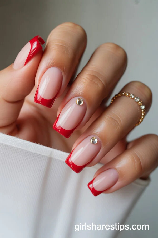 Luxe Red French Tips with Rhinestones