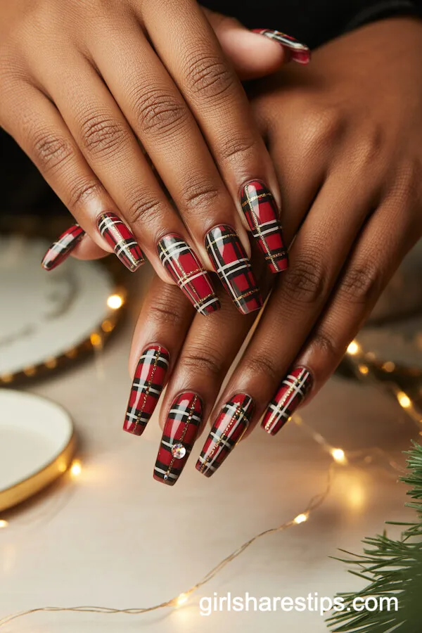 Classic Red and Black Plaid Coffin Nails