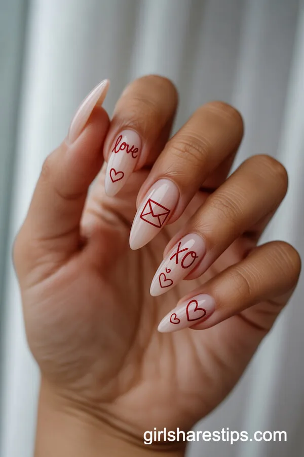 Whimsical Red Script on Nude Stiletto Nails