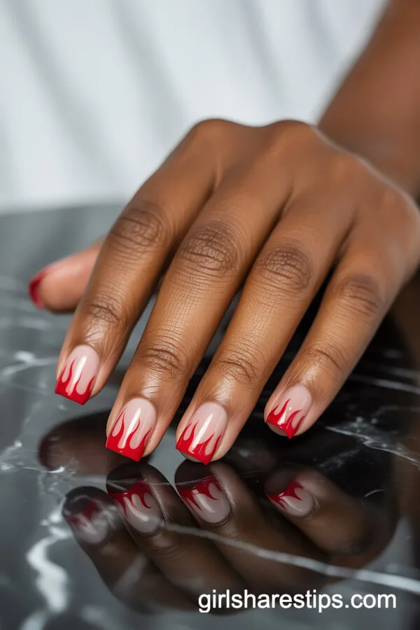 Red Flame French Tips on Square Nails