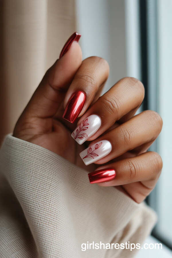 Red Chrome and Pearl Floral Coffin Nails