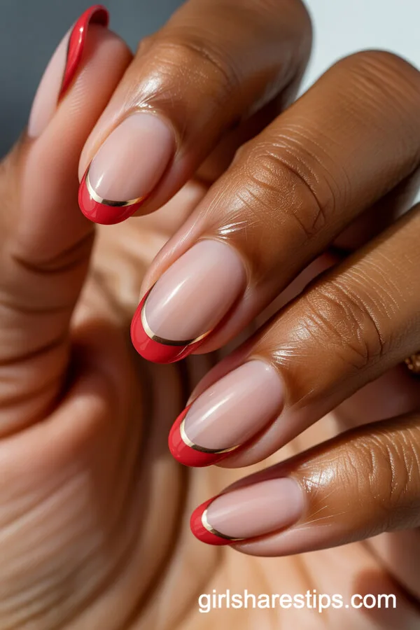 Red French Tips with Gold Outlines