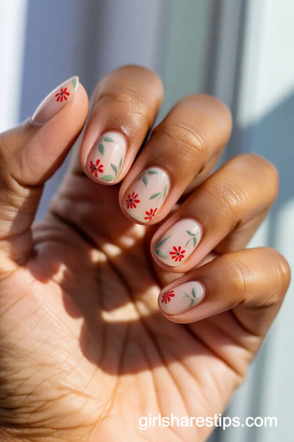 Red Floral Art on Sheer Round Nails