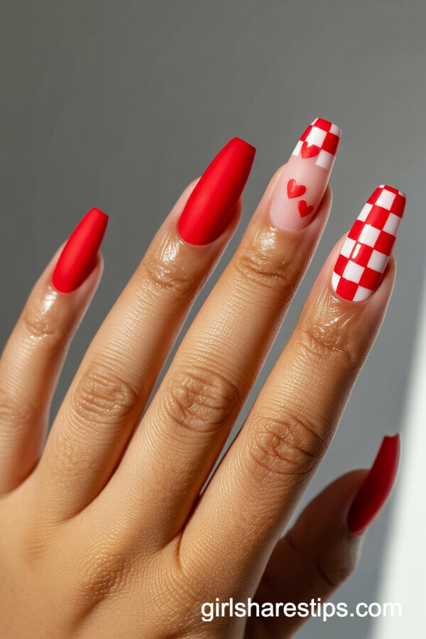 Matte Red and Checkerboard Coffin Nails