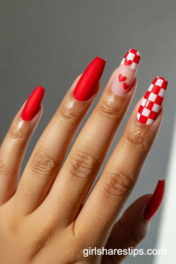 Matte Red and Checkerboard Coffin Nails