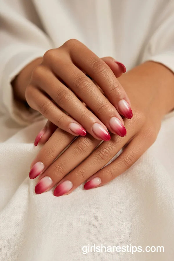 Red to Pink Ombre Almond Nails