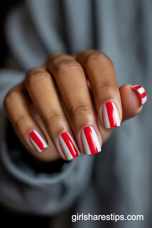 Red and White Diagonal Stripe Square Nails