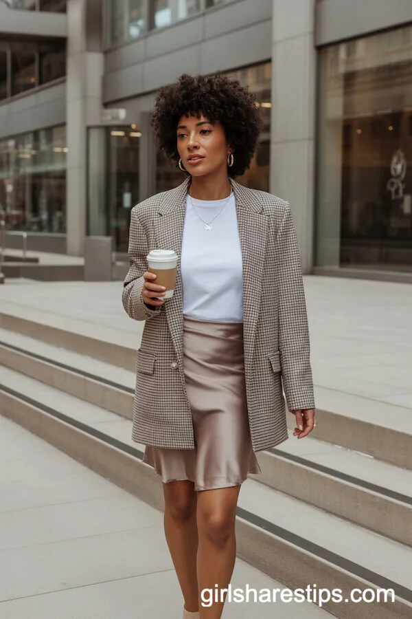 Taupe Satin Skirt with Blazer and Tee for Workwear-Inspired Style