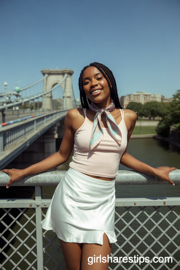 White Satin Skirt with Pastel Tank and Scarf for Sunny Bridge Days
