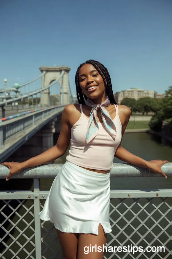 White Satin Skirt with Pastel Tank and Scarf for Sunny Bridge Days