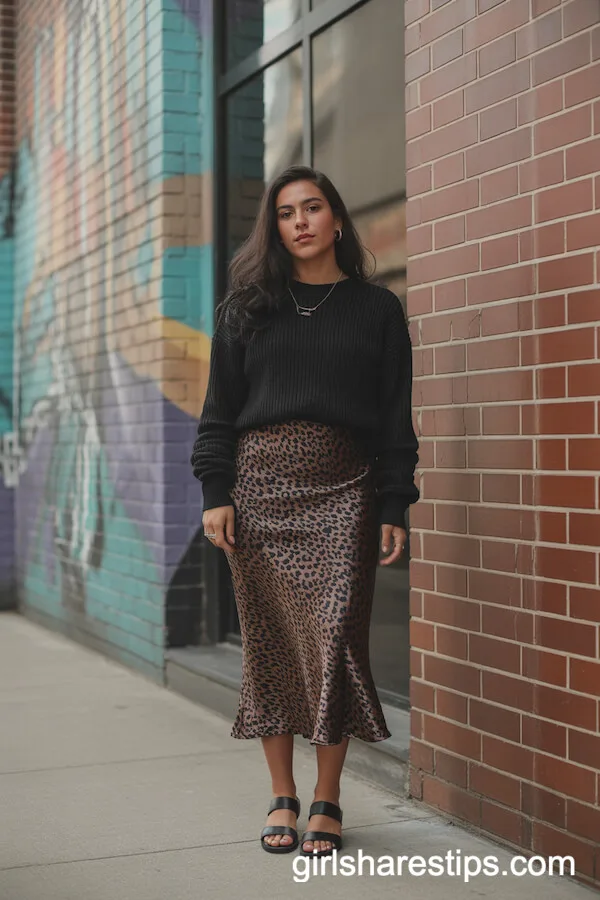 Leopard Print Satin Skirt and Fitted Knit for Bold Urban Flair