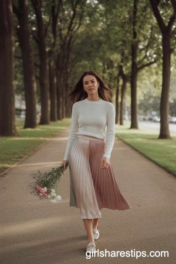 Colorblock Satin Midi Skirt with Fitted Sweater for Feminine Park Looks