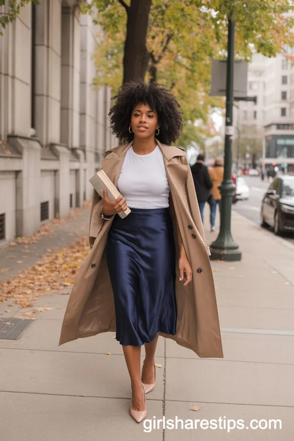 Navy Satin Midi Skirt and Trench Coat for Autumnal Sidewalk Style