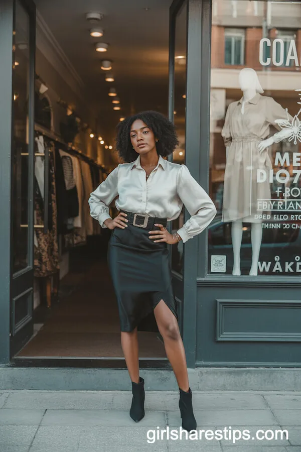 Black Satin Skirt with Statement Belt and Boots for Boutique Confidence