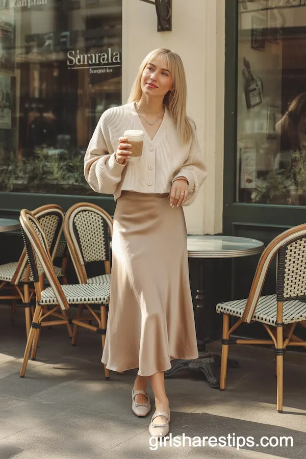 Beige Satin Skirt and Knit Cardigan