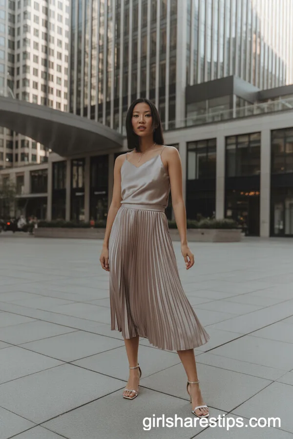 Pleated Champagne Satin Skirt Set for Monochrome City Elegance
