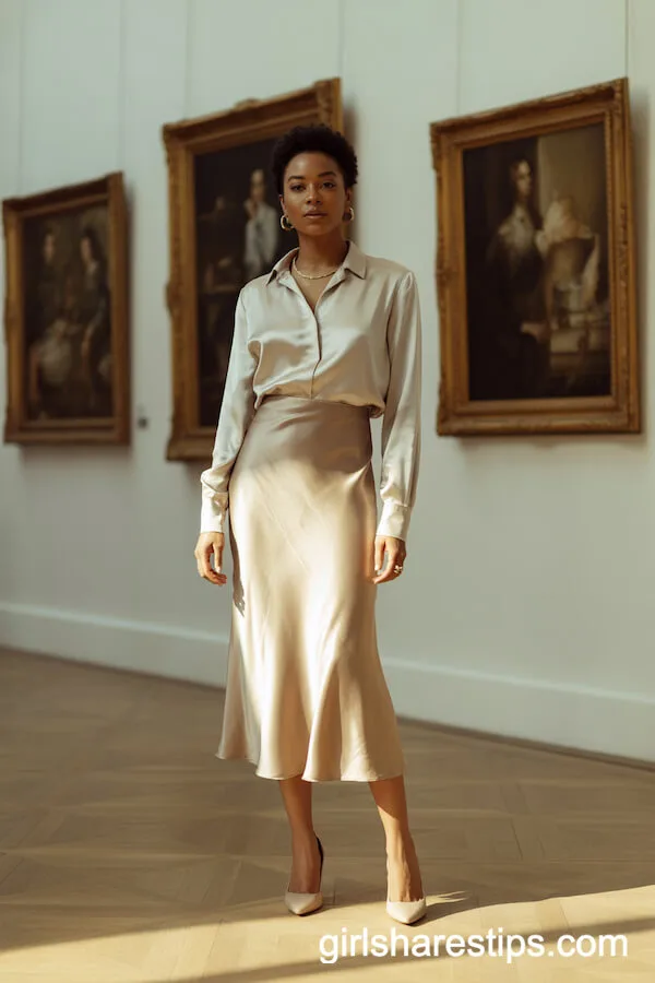 Champagne Satin Midi Skirt with Silk Blouse for Gallery Sophistication