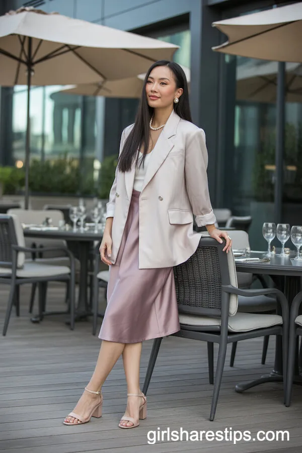 Mauve Satin Skirt and Cream Blazer for Polished Terrace Outfits