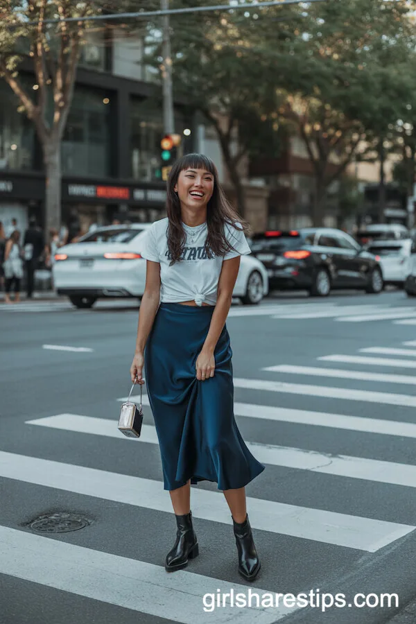 Navy Satin Midi Skirt and Graphic Tee for Modern Urban Cool