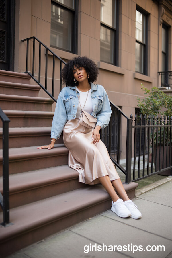 Champagne Satin Skirt with Cropped Denim Jacket for Relaxed Daywear