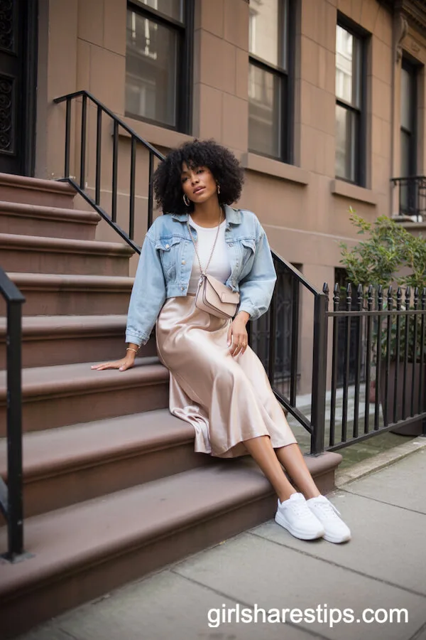 Champagne Satin Skirt with Cropped Denim Jacket for Relaxed Daywear