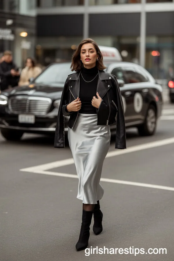 Silver Satin Midi Skirt and Moto Jacket for a Chic Street Statement